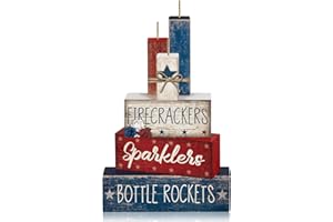 CROBLISSFUL 4 Pcs 4th of July Decorations Patriotic Memorial Day Tabletop Decorations Red White Blue Table Centerpieces Wood Block God Bless Sign for Office Tiered Tray Home Shelf Mantel(Firecrackers)