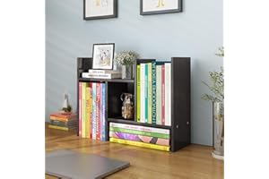 YSJILIDE Wood Adjustable Small Desktop Bookshelf, Expandable Desktop Storage Organizer, Desktop Organizer Office Storage Rack, Display Shelf Rack, Office Supplies Desk Organizer(Black)