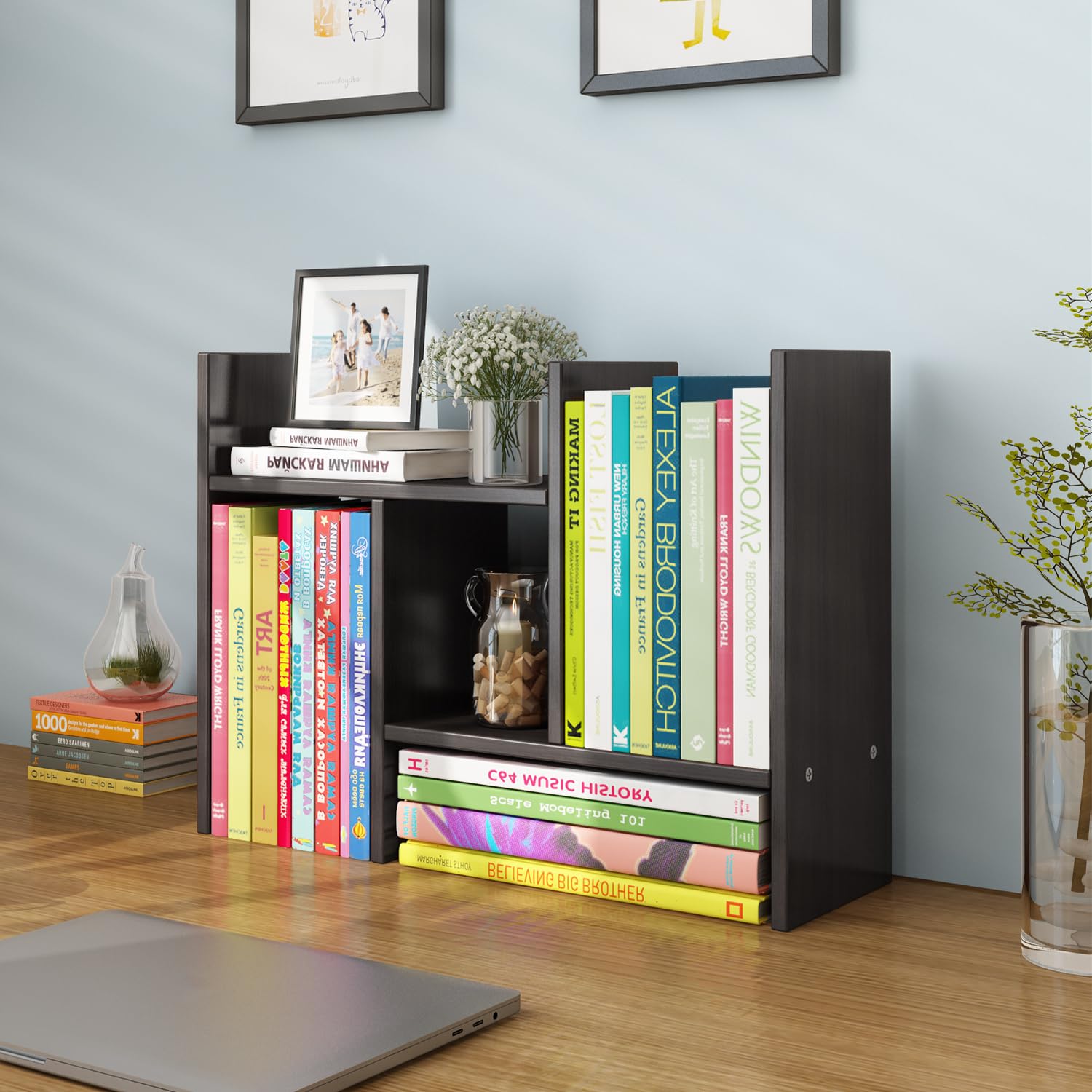 Photo 1 of YSJILIDE Wood Adjustable Small Desktop Bookshelf, Expandable Storage Rack, Display Shelf, Office Supplies Organizer (Black)