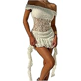GORGLITTER Women's Off Shoulder Lace Mini Dress Short Sleeve Layered Ruffle Coquette Dresses