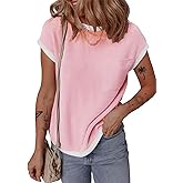 Women's Short Sleeve T Shirts Crewneck Trendy Casual Color Block Basic Loose fit Tops