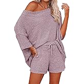 Ermonn Womens 2 Piece Outfits Sweater Sets Off Shoulder Knit Tops Waist Short Suits Casual Pajama Set