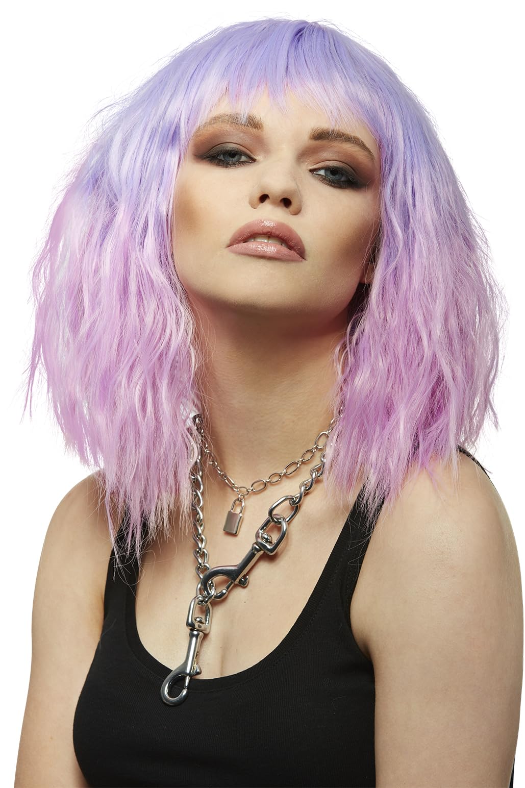 Smiffys Official Manic Panic® Fleurs du Mal™ Trash Goddess™ Wig, Midlength Wavy Wig, Heat Styleable with Adjustable Cap, in Purple & Pink Ombre Colours with Crimped Style. Unleash your inner goddess