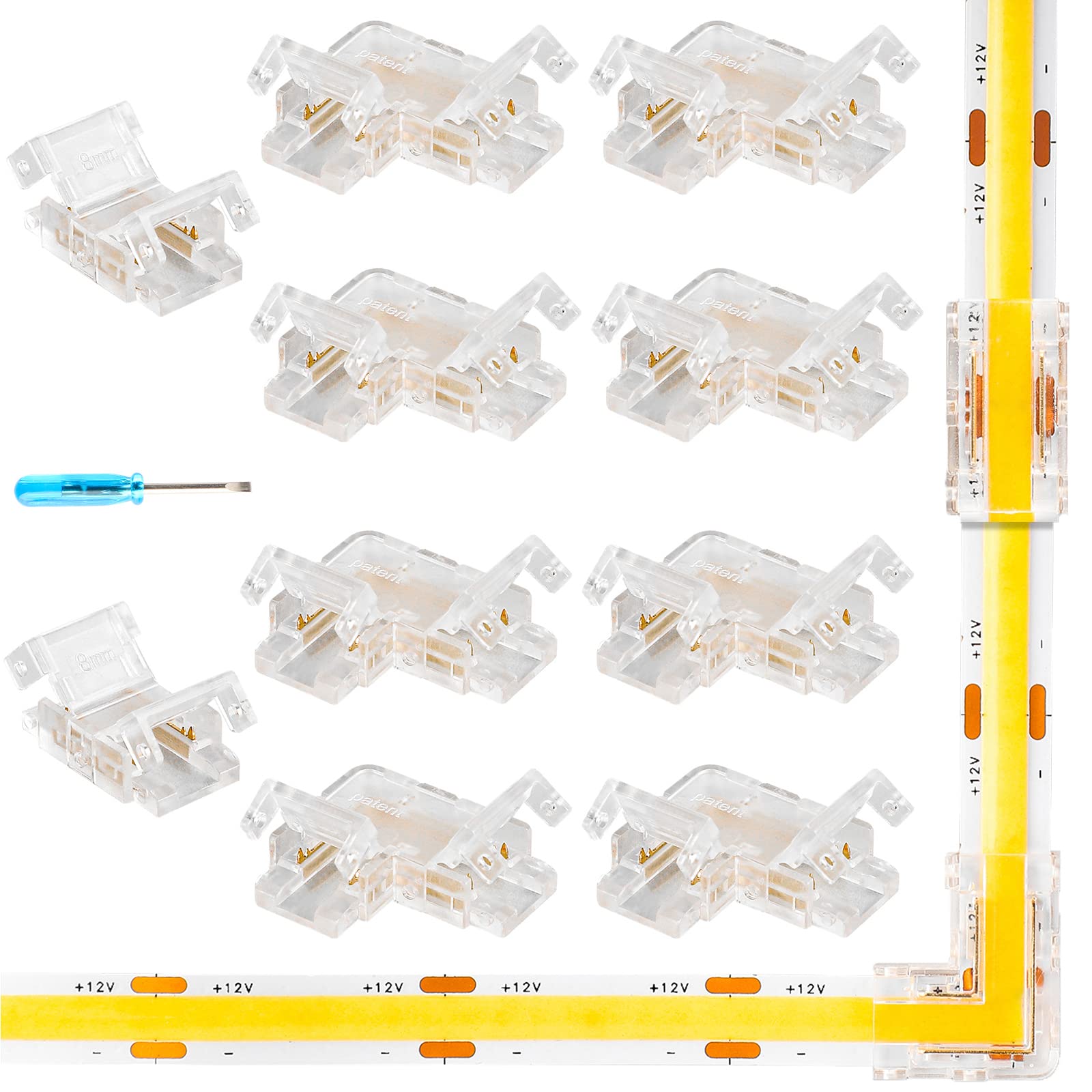 Hoemylife 10 Pcs 2 Pin 8mm Mini COB LED Strip Connectors, Gapless, Solderless Clear, L-Shape Corner Connectors×8 for 8mm COB LED Strip Lights