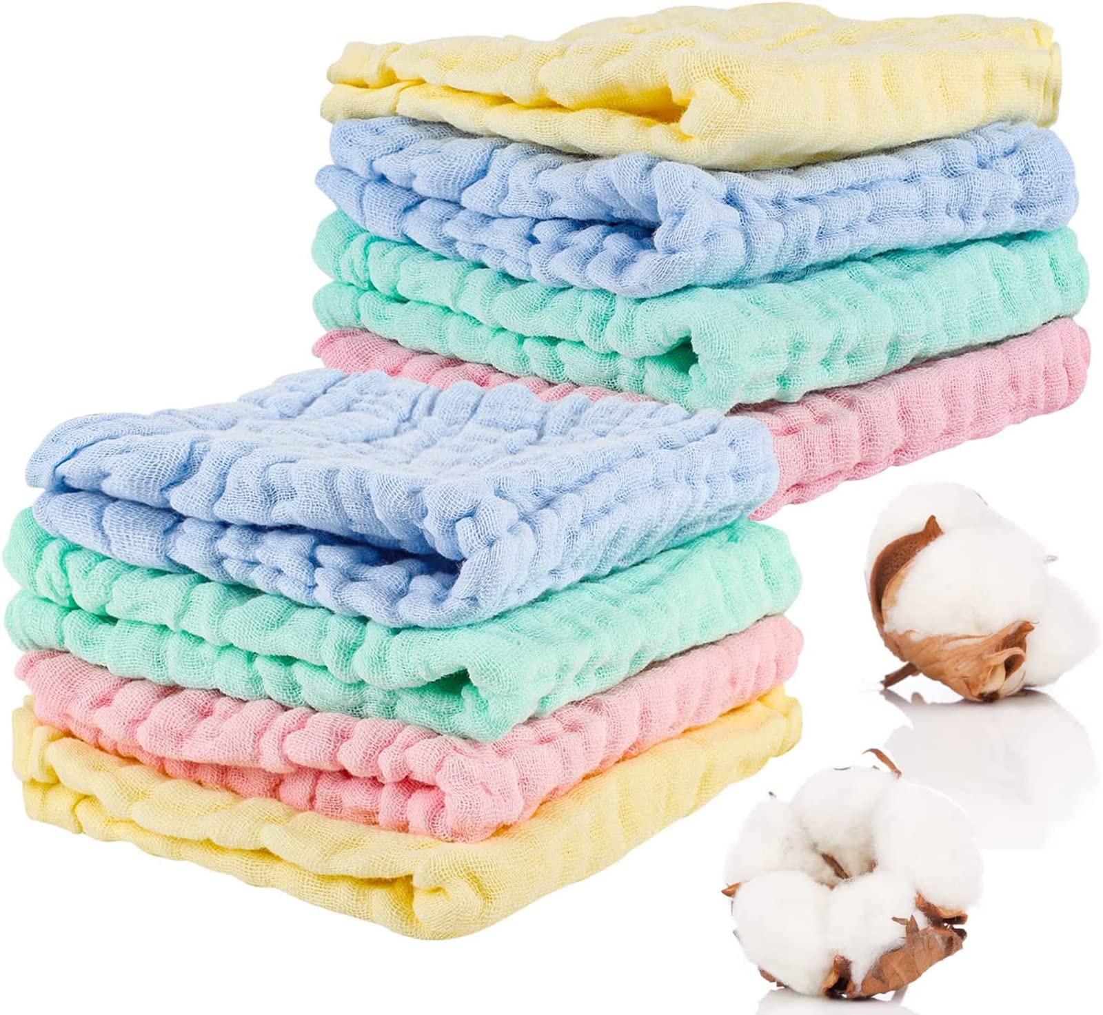 Lanjue 8 Pack Muslin Cloths for Baby, 12x12 Inch Muslin Squares Soft Burp Cloths 6 Layers Cotton Newborn Hand Washcloths Baby Wash Cloths Reusable Baby Towels — image 1