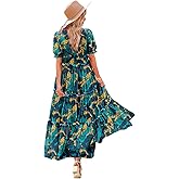 YESNO Summer Casual Bohemian Floral Dresses for Women Puff Short Sleeve Long Maxi Dress with Pockets ETX