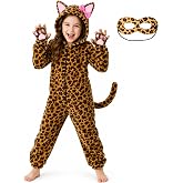 Latocos Halloween Black Cat Costume for Girls Kids, Cheetah Leopard Costume | Cat onesie costume for kids with mask, tail, paw gloves, soft fuzzy jumpsuit, Halloween costume for girls dress up role play