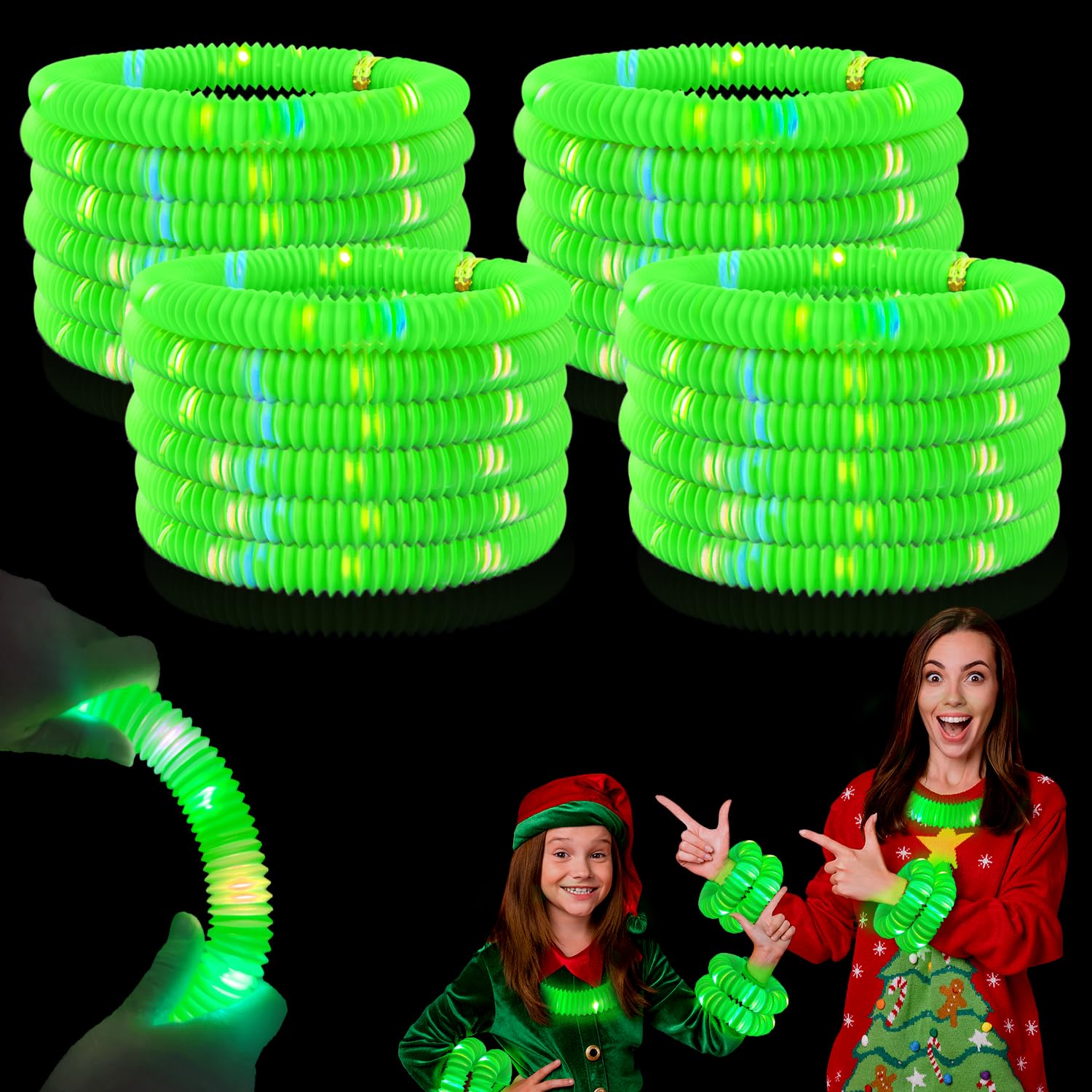 Photo 1 of 12-24 PCS Green Glow Sticks Christmas Party Favors for Kids,LED Light up Pop Tubes for Toddlers,Neon Necklaces Bracelets Accessories,Glow New Year Eve Party Supplies Birthday Dance Camping Decorations