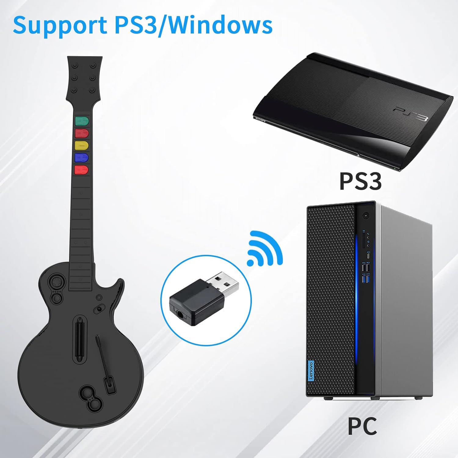 NBCP PC Guitar Hero Controller, Wireless Guitars with Dongle for PC and PS3, Compatible with Rock Band, Clone Hero, Black