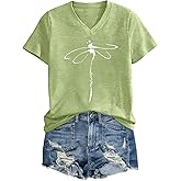 Women's T-Shirts V Neck Graphic Tees Vintage Dragonfly Tshirts Boho Flowers Bee Shirts Cute Sea Turtle Short Sleeve Tops