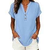 ANRABESS Womens Spring Tops 2026 Short Sleeve Shirts Henley Dressy Casual Blouses V Neck Fashion Tunics Trendy Flowy Clothing
