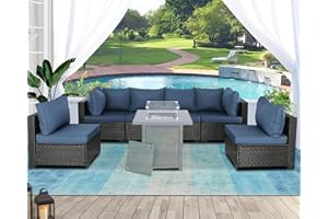 Furnimy Patio Furniture Sets Outdoor Sectional PE Rattan Outdoor Furniture Patio Conversation Set with Cushions for Balcony Lawn and Garden 6 Pieces Couch Without Table (Expresso/Navy Blue)