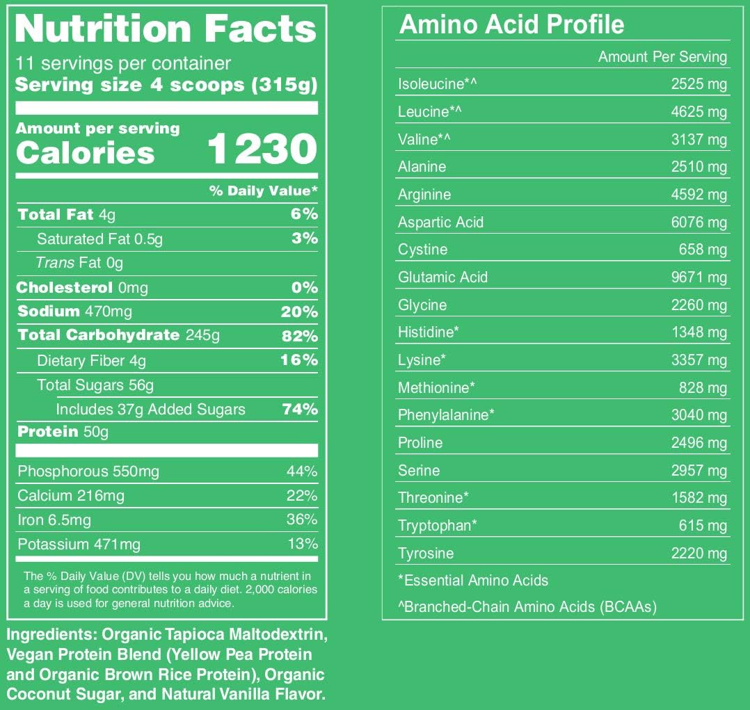 Naked Mass - Vanilla Vegan Weight Gainer - 8lb Bulk, GMO Free, Gluten Free, Soy Free & Dairy Free. No Artificial Ingredients – 1,230 Calories – 11 Servings: Health & Personal Care