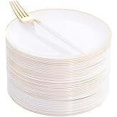 I00000 72PCS White Plastic Dessert Plates 7.5" with 72PCS Disposable Forks 8.5", Disposable White Dessert Plate, Fancy Salad Plates with Gold Rims Perfect for Wedding