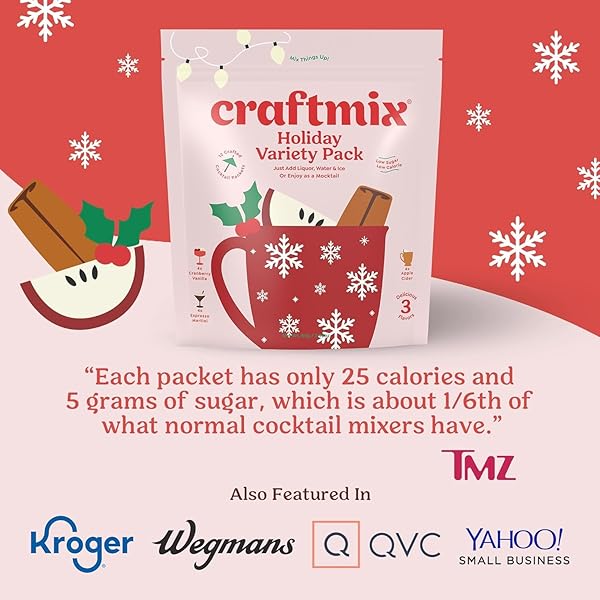 CRAFTMIX HOLIDAY VARIETY COCKTAIL & MOCKTAIL DRINK MIXER, SKINNY MIXES – WATER FLAVORING PACKETS – MADE WITH REAL INGREDIENTS – VEGAN, LOW-CARB, LOW-SUGAR, NON-GMO, DAIRY FREE, GLUTEN FREE, 12 PACK