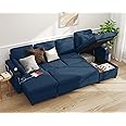 DURASPACE Sofa Bed Pull Out Couch Sleeper with Double Storage Chaise, U Shaped Convertible Sectional Sleeper Sofa for Living Room with USB Charging Ports, Cup Holder (Blue)
