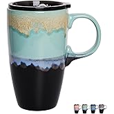 Bosmarlin Ceramic Travel Coffeel Mug with Handle and Lid, 18 oz, Portable Coffee Cup for Car Cup Holder, Microwave and Dishwasher Safe, Reactive Glaze (Pastel Blue)