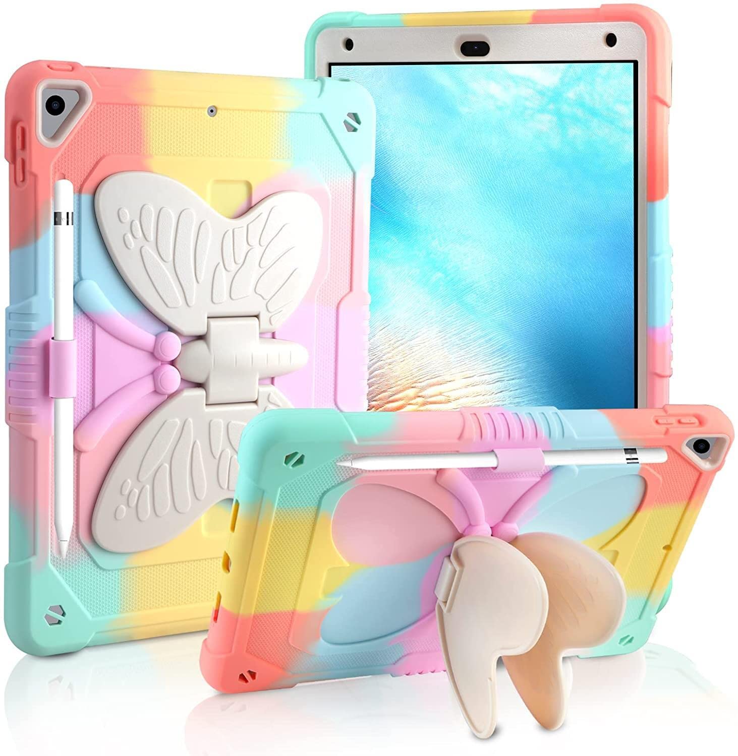 Aolcev for iPad 6th/5th Generation Case Kids Girls iPad Air 2/ iPad Pro 9.7 Inch Case with Pencil Holder Butterfly Wing Stand Heavy Duty Shockproof Rugged Protective Cover for iPad 9.7 Inch-Colourful