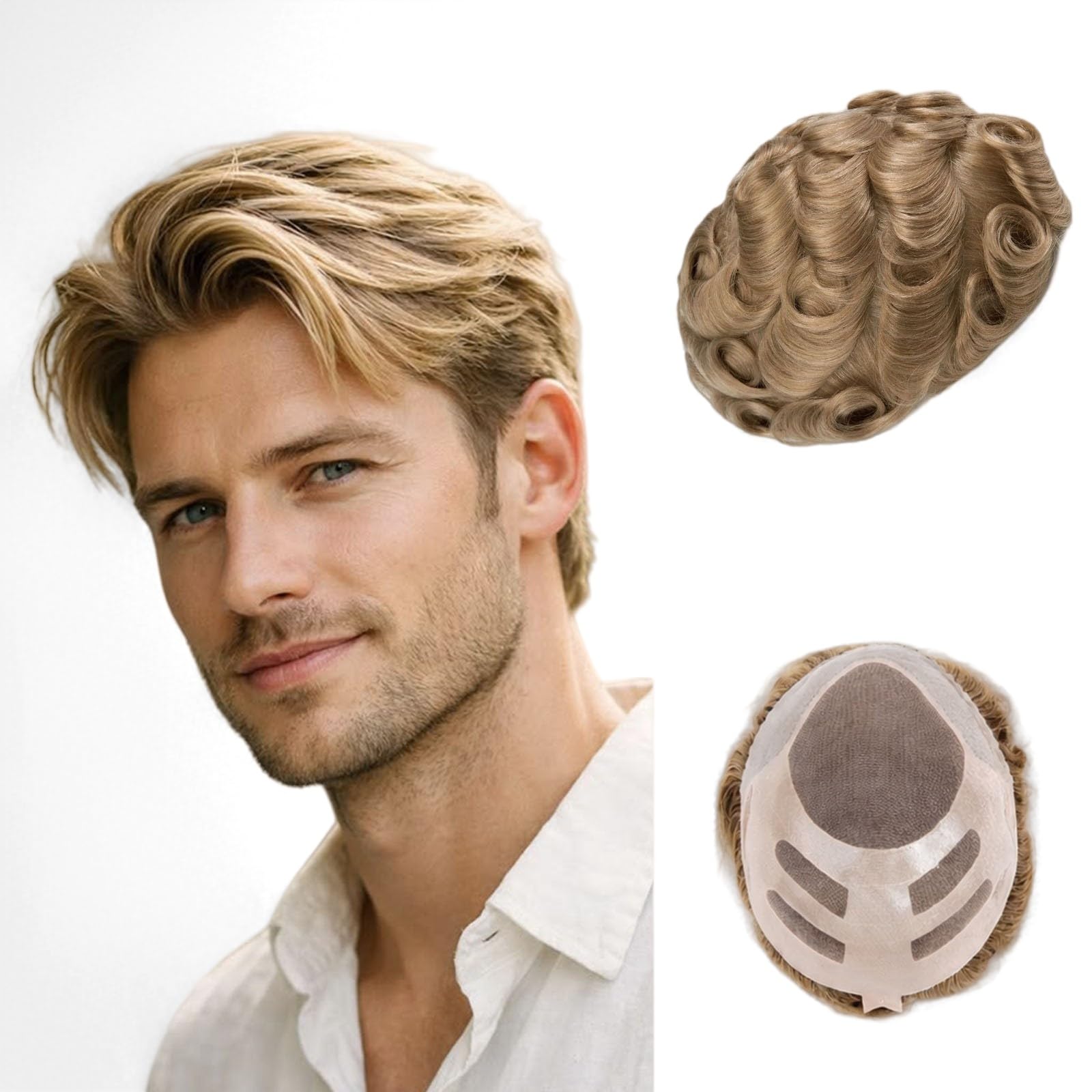 Ehairc Hair System For Men Bond Mono Lace Pu Front And Npu Back Mens Toupee Durable Toupee For Men 100% Human Hair Toupee for Men 130% Medium Density (#22R)