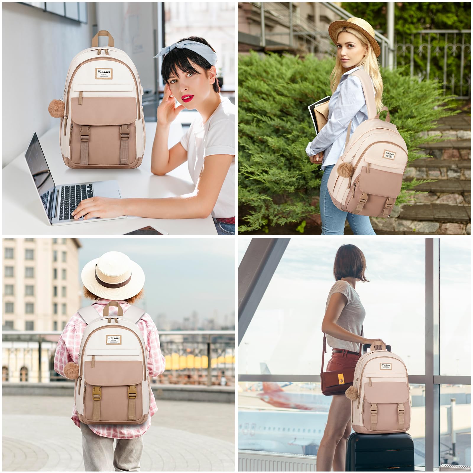WINDARS School Backpack for Teen Girls, Cute College Backpacks for Women Students Aesthetic Bookbag Large 15.6 Inch Laptop Bag Middle School Travel Back Pack (Khaki Beige)