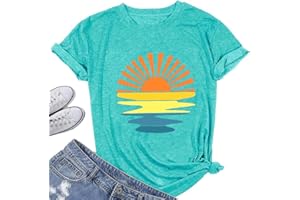 JORLYEN Sunrise Sunset Sunshine T Shirt for Women Outdoor Workout Hawaii Beach Sea Nature Adventure Tee Top