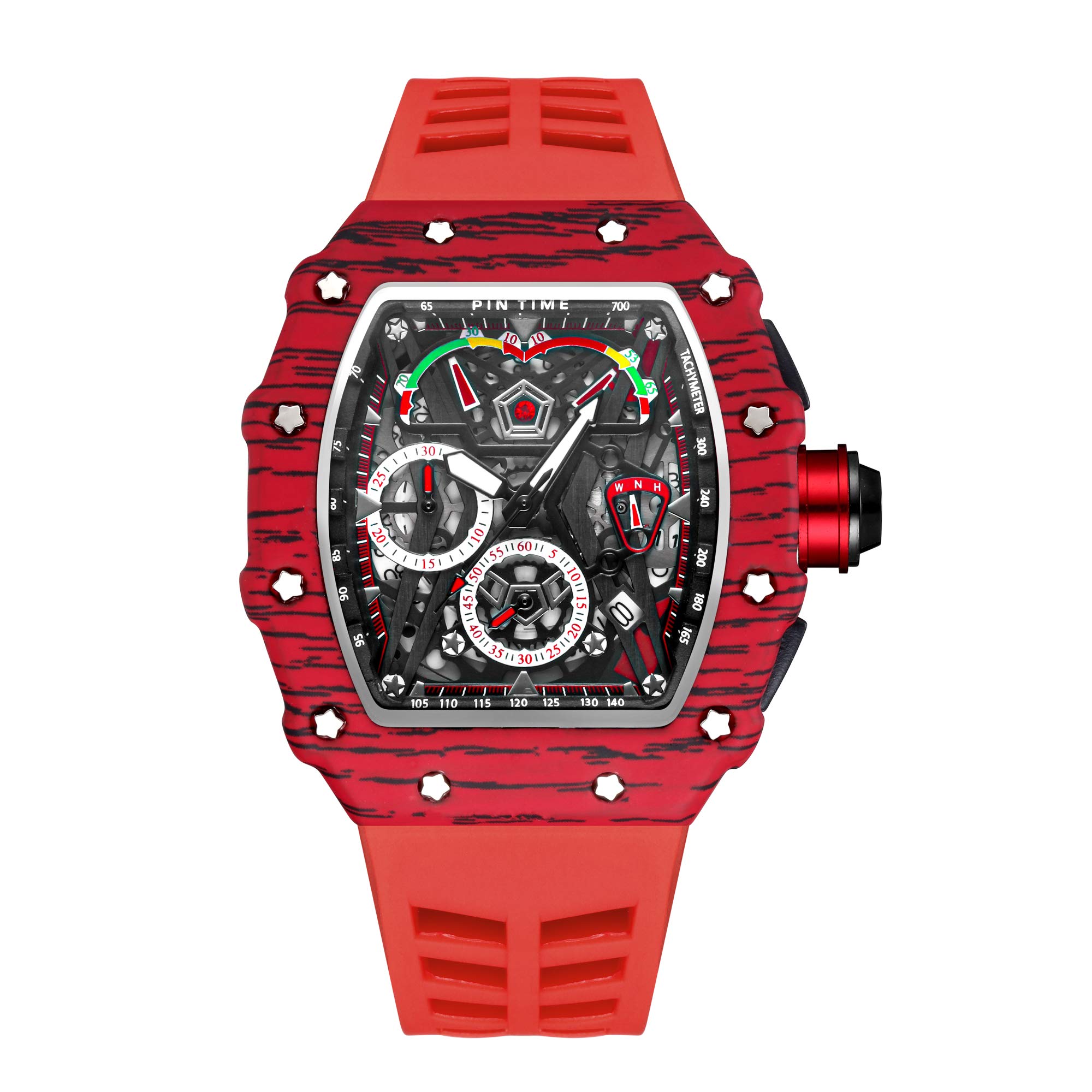 PINTIME Fashion Mens Watch Hallow Punk Chronograph Sports Wristwatch Luxury Designer Mens Watch, Red Strap&Rose Case.1, Chronograph