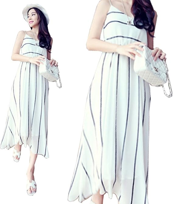 Amazon ベルク Veluc ワンピース レディース ドレス マキシ丈 リゾート ロング シフォン ワンピ キャミソール ノースリーブ ボーダー ストライプ ホワイト ブルー ネイビー フリーサイズ ホワイト オリジナルメッセージカードセット ワンピース チュニック 通販