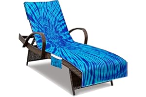 NISDOING Beach Chair Cover with Side Pockets, Thick and Quick Dry Lounge Chair Towel Cover for Sun Lounger Pool Sunbathing Garden Beach Hotel, No Sliding,Blue Tie Dye