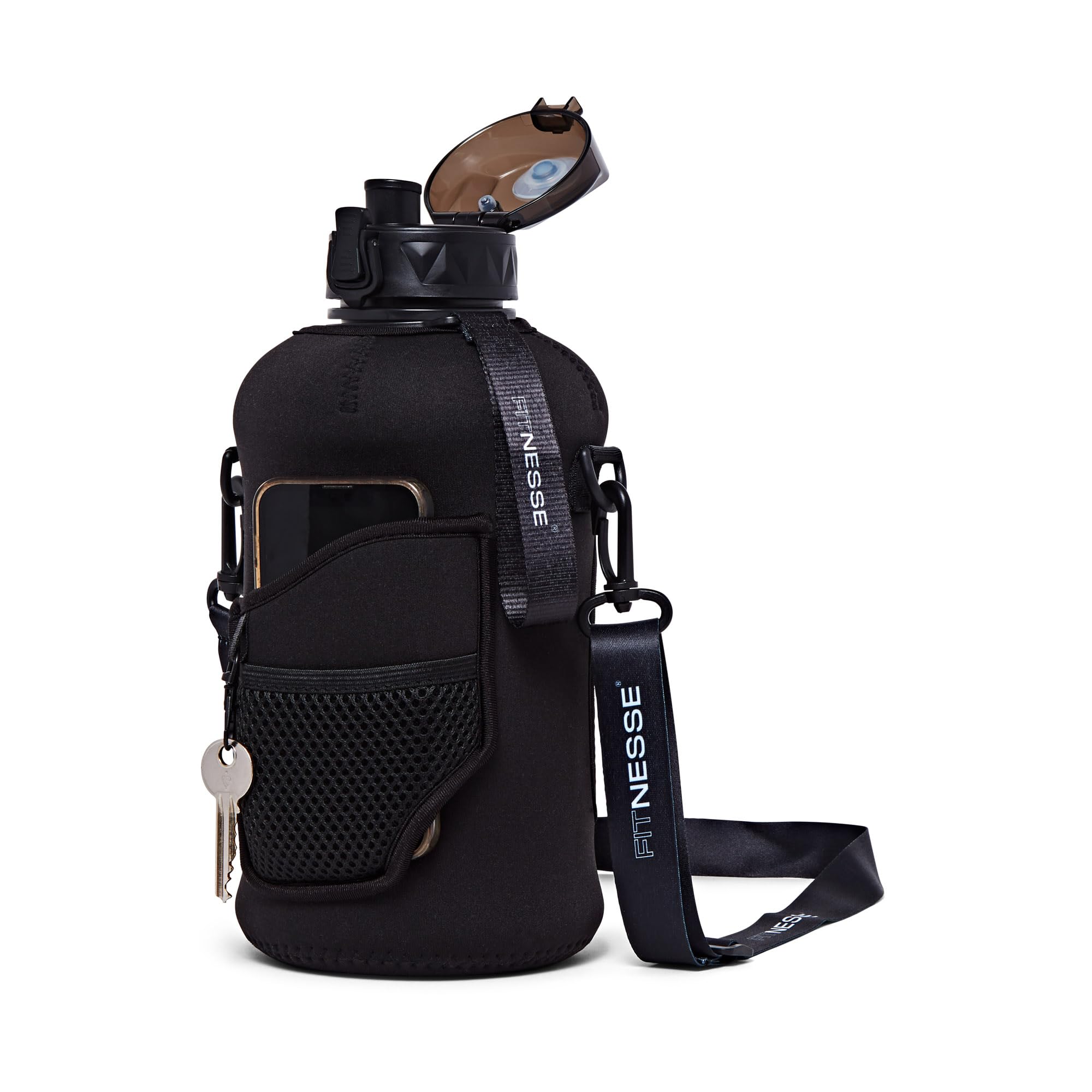 Fitnesse 2.2L Water Bottle with Straw and Covered Lid – Phone & Key Storage - Drop proof - Leak Proof - Shoulder Strap and Handle – Large Gym Water Bottle – BPA Free – Black