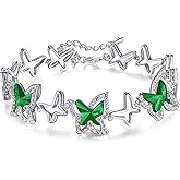 GEMMANCE Valentine's Day Gift For Women Butterfly Link Charm Bracelet with Premium Birthstone Crystal, Silver-Tone, 7”+2” Chain