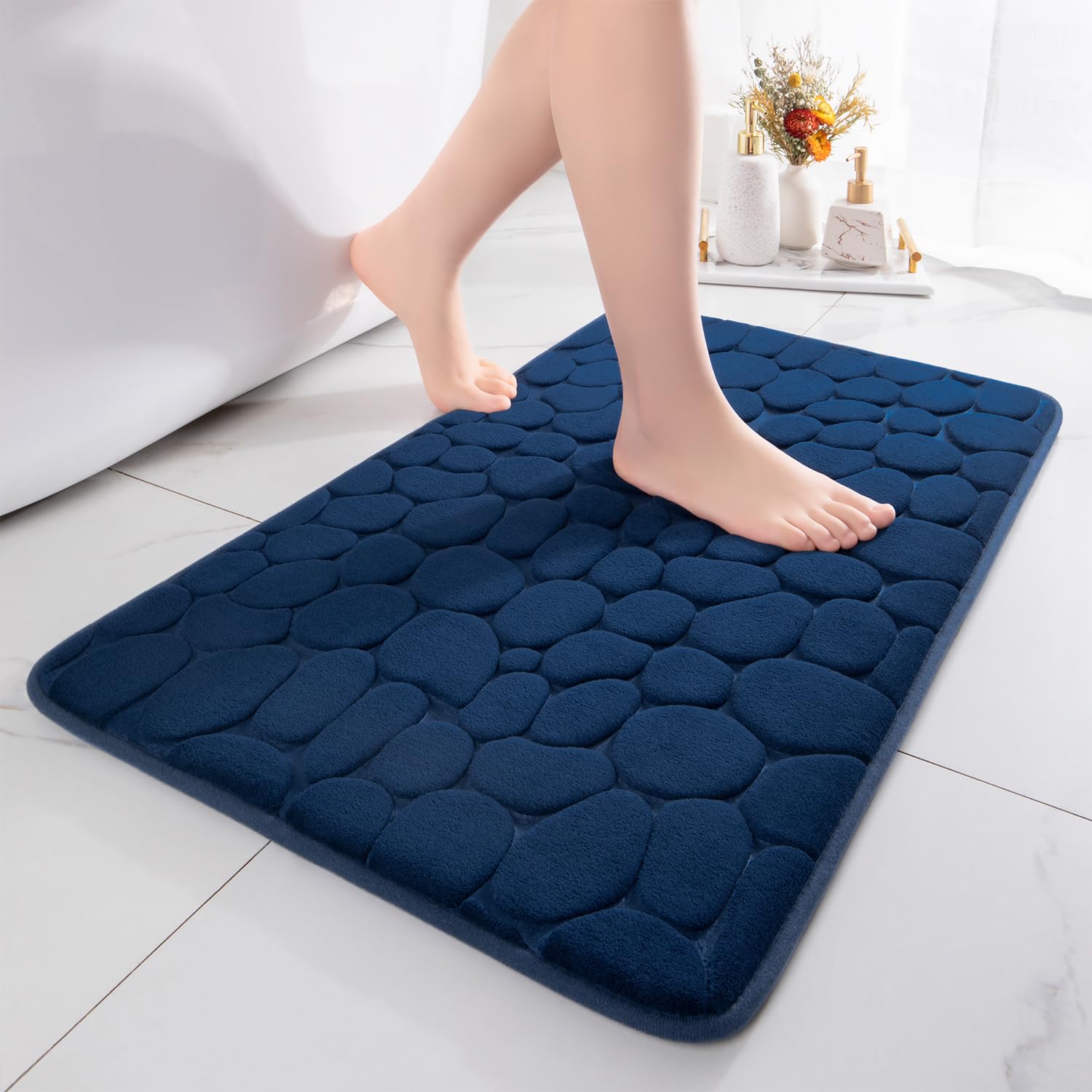chakme Memory Foam Bath Mat, Extra Soft Non-Slip Bathroom Mat, Super Absorbent Bath Mats for Bathroom Floor, Machine-Washable Dry Bath Rugs,50x80 cm Large Navy Blue Bath Mat