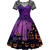 ALIREVERIE Women Halloween Party Costume Vintage Swing Lace Short Sleeve Witch Dress