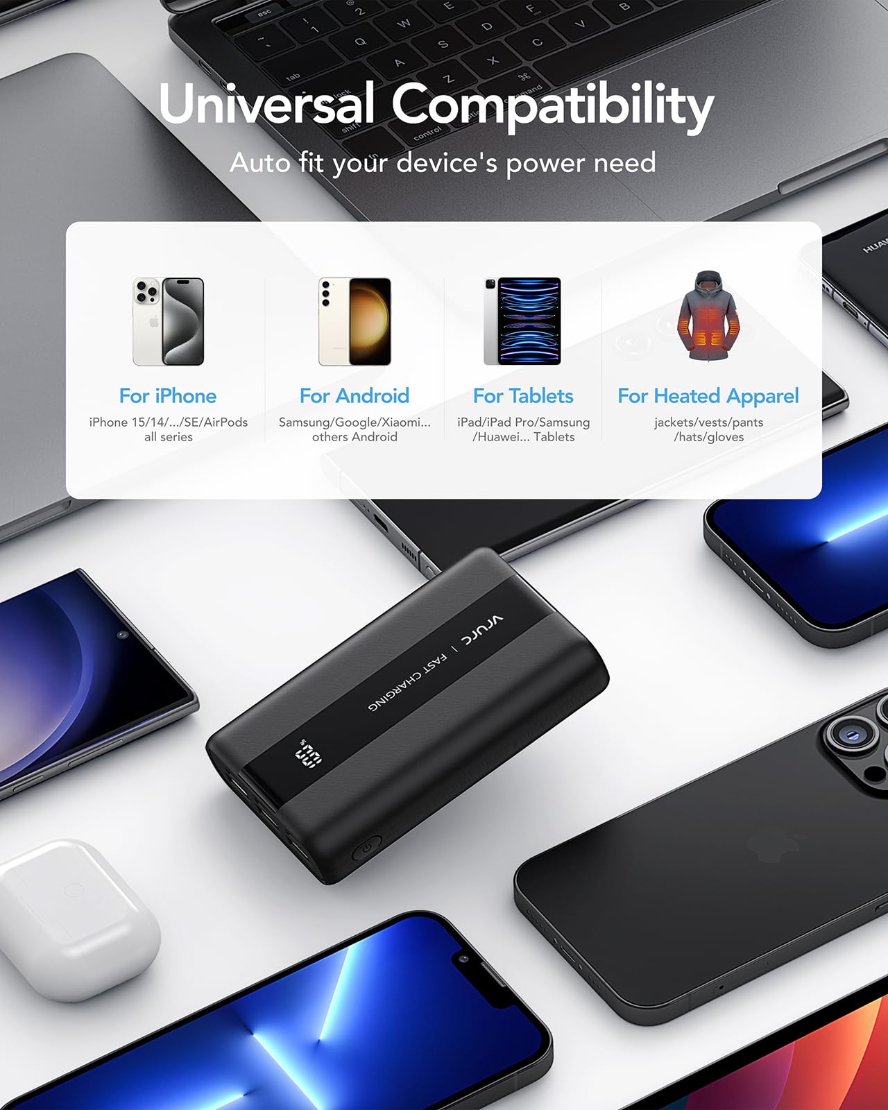 VRURC Power Bank 20000mAh – Kleiner & tragbarer externer Akku mit 22,5W QC & PD 3.0 Schnellladen, USB-C, 6 Ports & LED-Anzeige, CE-zertifizierte Powerbank für iPhone, Samsung, Huawei, iPad & Reisen 8