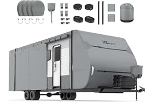 RV Cover Vigorvan Upgrad 7 Layers Top Camper Cover Windproof Travel Trailer Cover for 27-30FT RV, Toy Hauler Cover with Tongue Jack Cover, Extra Windproof Ropes, Gutter Covers