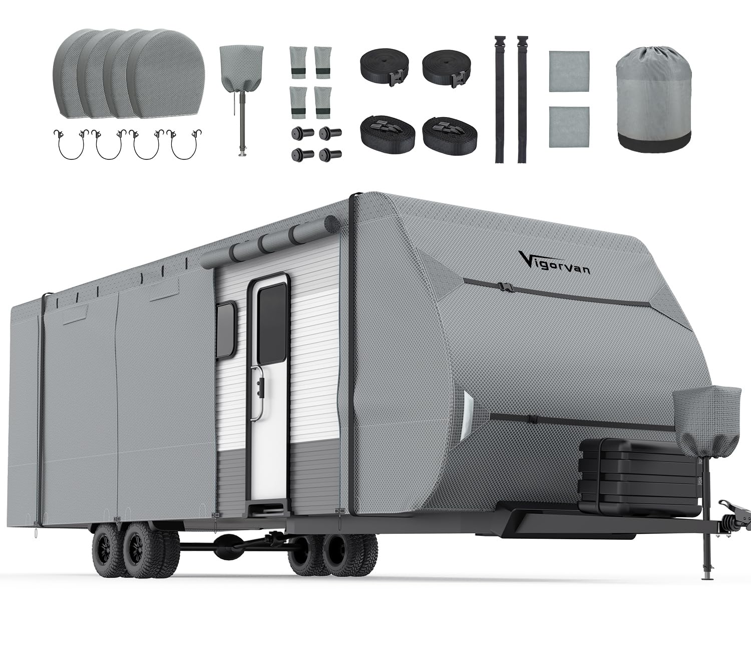 Photo 1 of ***SIMILAR ITEM***
RV Cover Vigorvan Upgrad 7 Layers Top Camper Cover Windproof Travel Trailer Cover for 27-30FT RV, Toy Hauler Cover with Tongue Jack Cover, Extra Windproof Ropes, Gutter Covers