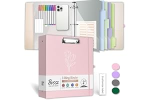 3 Ring Binder, 2 Inch Linen Binders Organizer for Letter Size (8.5" x 11") Paper with 5-Tabs Pockets Dividers, BVSSX Leather Three Ring Binders with Clipboard, Plastic Folder, Pen Loop - Pink Tulips