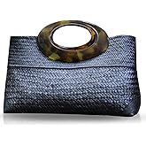 QTKJ Summer Beach Bag, Boho Handmade Rattan Handbag, Round Wooden Handle, Large Straw Retro patternTote Bag for Beach Vacation Daily