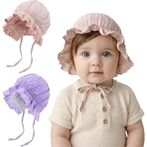 DRESHOW BQUBO Baby Bonnet Lace Cotton Baptism Bonnet for Baby Girls Newborn Soft Warm Cap Hospital Hat Sleepy Hat with Tie
