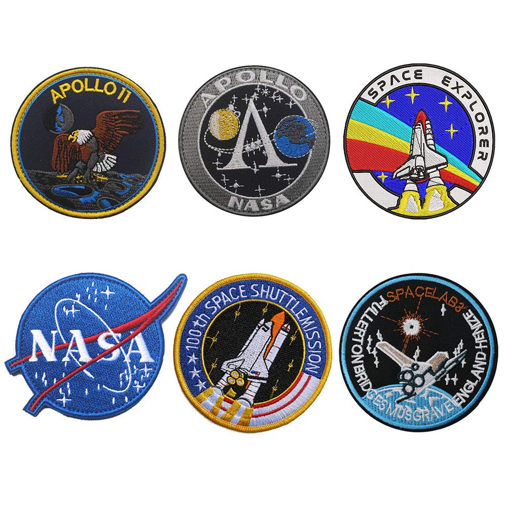 6 Pcs NASA Patches, Combination Hook-and-Loop Fastener NASA Embroidered Patches for Backpacks Caps Hats Bags Collection