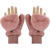 BOLLEY JOSS Women Girls Winter Warm Gloves Mittens Soft Faux Fur Wool Convertible Fingerless Gloves with Cover