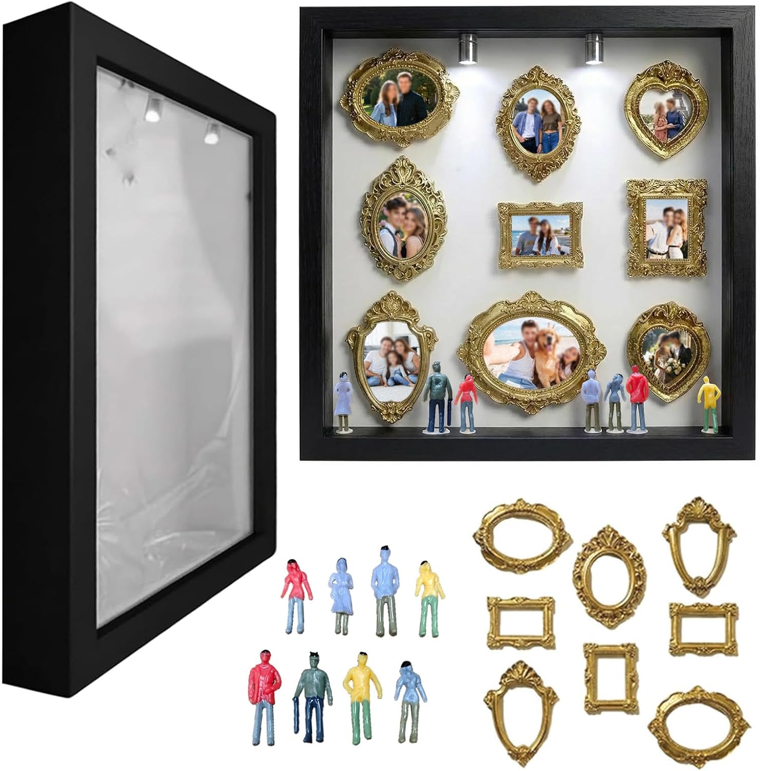 DIY Mini Museum Silhouette Box, Museum of Us Box Celebrate Your Unique Memories in Style, Personalized Photo Shadow Boxes Display with 8pcs Mini Museum Figurines & 8pcs Gold Mini Frames