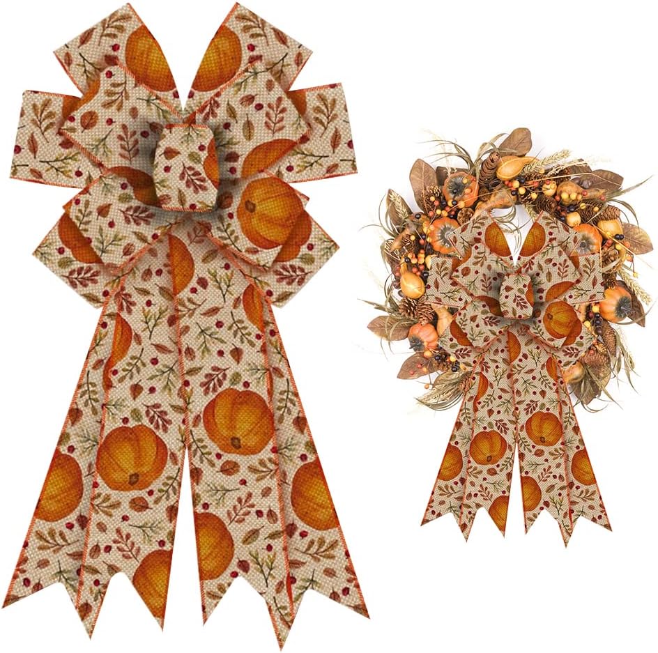 Bows & Ribbons - ALIBBON Large Fall Bows for Wreaths, Thanksgiving Wreath Bows, Orange Fall Bows, Pumpkin Leaves Bows for Front Door, Fall Thanksgiving Decor, Burlap Bows for Wreath Indoor Outdoor Wall Decorations