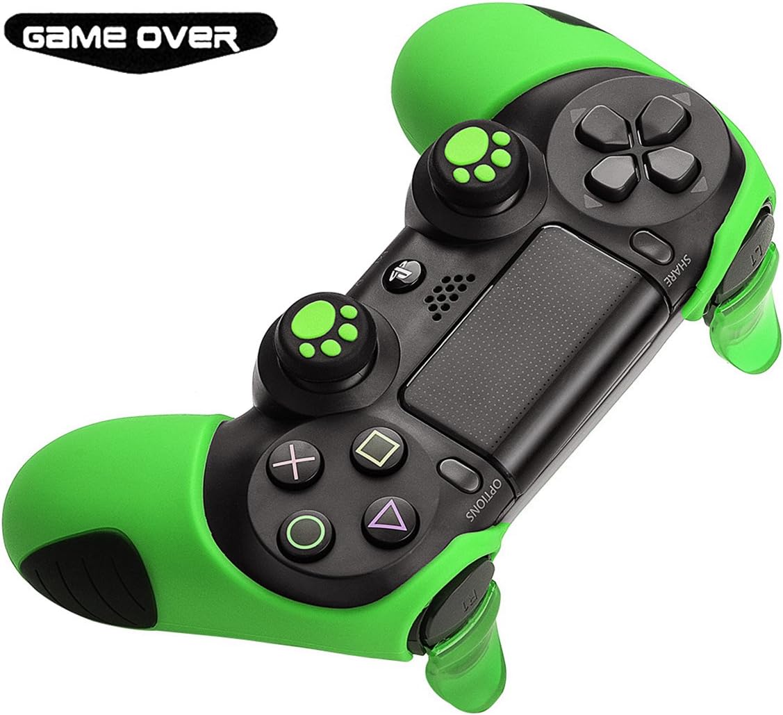 PS4 Controller Skin Grip Anti-Slip Silicone Cover Protector Case for PS4 Controller(Controller Skin x 1 + FPS PRO Thumb Grips x 2 + Trigger Button x 2) (Green)