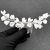 PRETTYLIFE Bridal White Hair Piece Elegant Ceramic Flower Silver Vine Hair Comb Accessories for Wedding Party