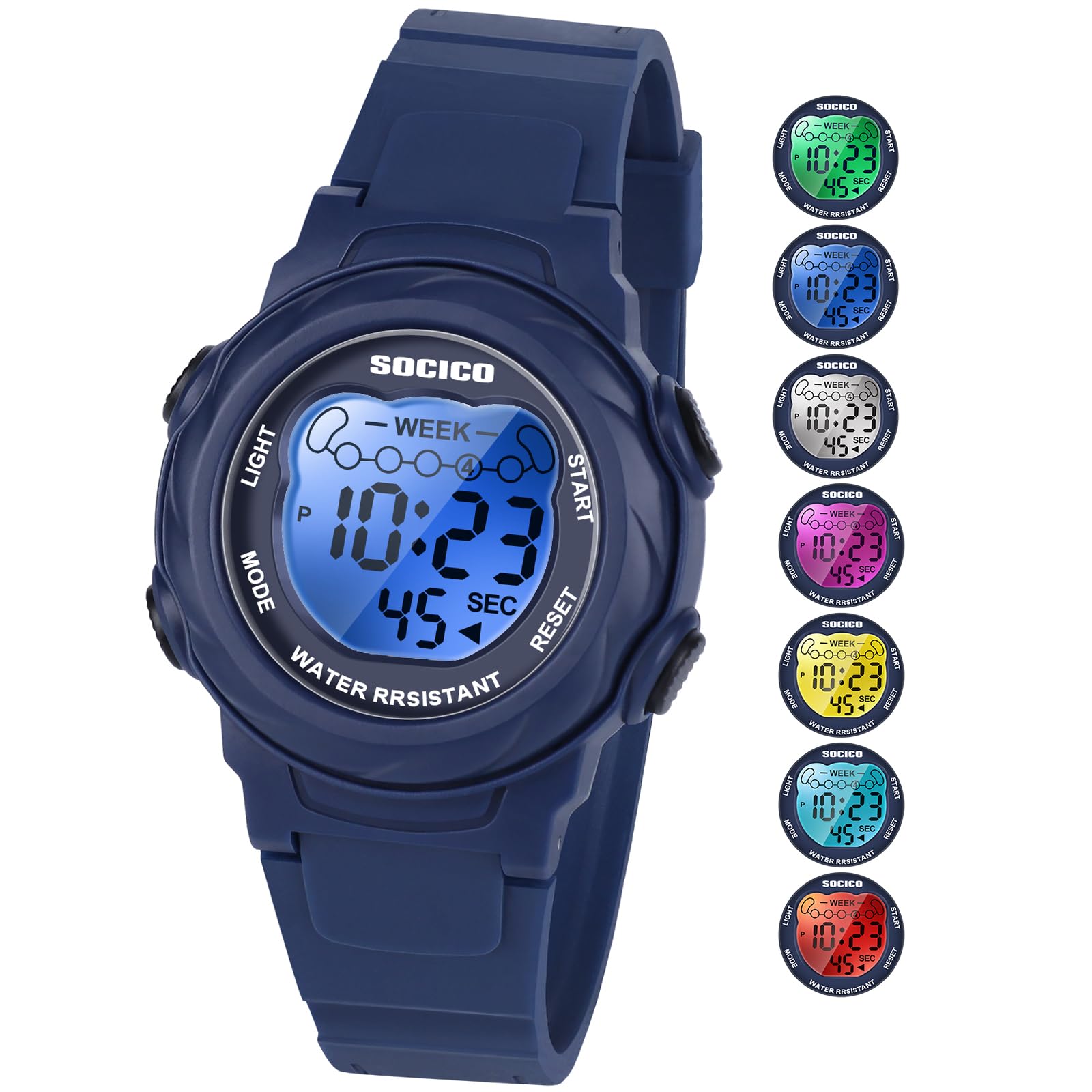 SOCICO Kids Digital Watches for Girls Boys, 5ATM Waterproof, 7 Color Lights Waterproof Watches for Kid with Alarm Stopwatch, Soft Band Wrist Watch Christmas Gifts for Kids Ages 5-12
