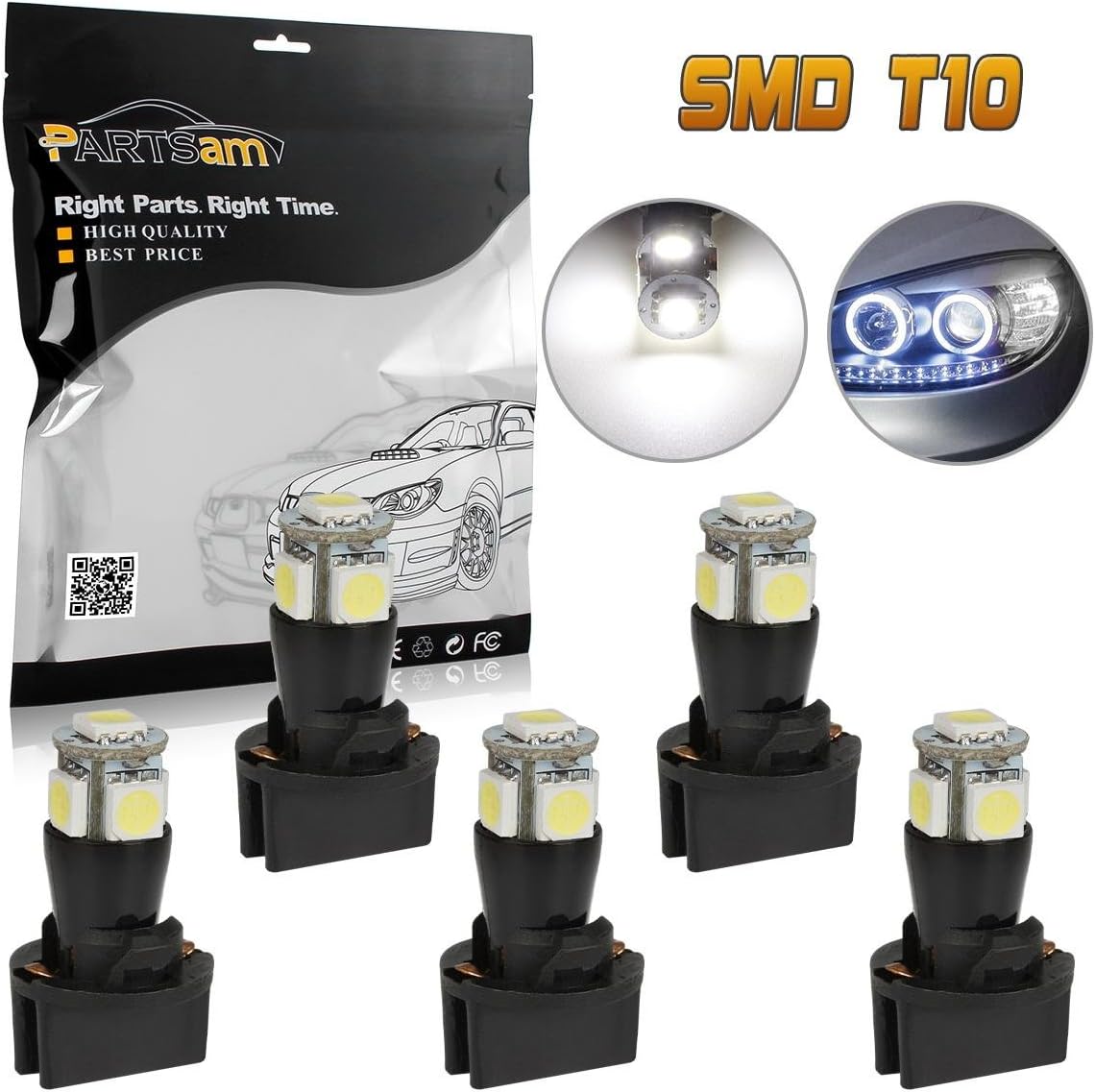 5xPartsam White Canbus Constant IC Excellent Heat Dissipated T10 Bulbs+5xTwist Lock Socket For Angel Eye,DRL,Backup,Slide Lights,Fender Light,Dashboard Bulb