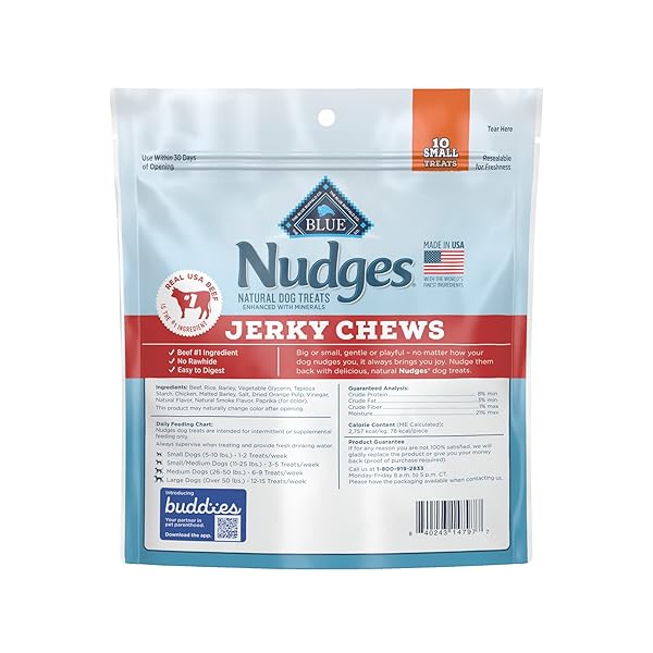BLUE BUFFALO NUDGES JERKY CHEWS NATURAL DOG TREATS SMALL BREED, BEEF, 10OZ BAG