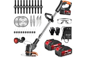 Cordless Weed Wacker with Wheels, Electric Weed Eater with 2 X 21V Battery Powered, 3-in-1 Cordless Grass Trimmer & Brush Cut