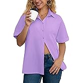 AISEW Womens Cotton Button Down Short Sleeve Shirts Summer Casual Dress Shirt Collared Work Office Blouse (Purple, 7017XL)