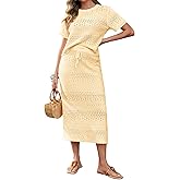 Tankaneo Womens Crochet Cover Up 2 Piece Skirt Sets Short Sleeve Knit Top Midi Skirt Vacation Travel Outfits